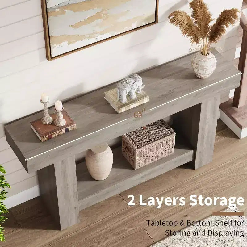 Table console de ferme 63" avec base en H à 2 niveaux et étagère inférieure, blanc