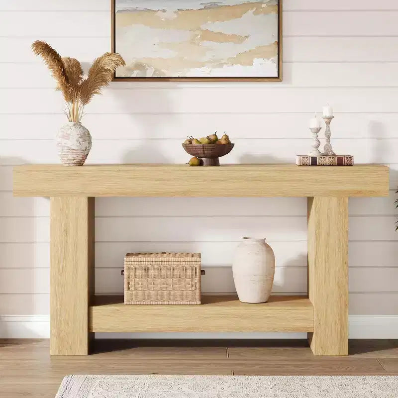 Table console de ferme 63" avec base en H à 2 niveaux et étagère inférieure, blanc