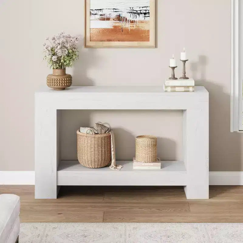Table console de ferme 63" avec base en H à 2 niveaux et étagère inférieure, blanc