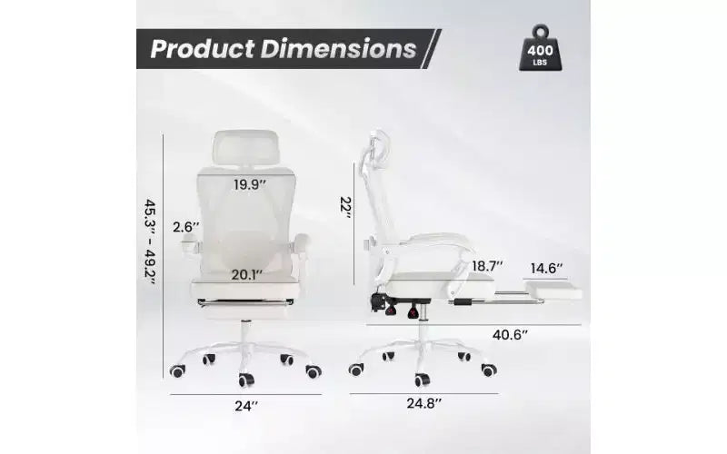 Chaise de bureau ergonomique en maille à dossier haut avec repose-pieds, appui-tête et support lombaire réglable, 158 kg