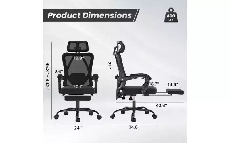 Chaise de bureau ergonomique en maille à dossier haut avec repose-pieds, appui-tête et support lombaire réglable, 158 kg
