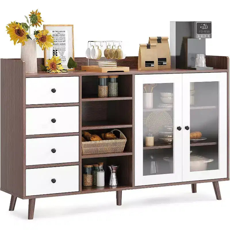Buffet moderne du milieu du siècle de 55" avec portes vitrées, 4 tiroirs et étagères réglables