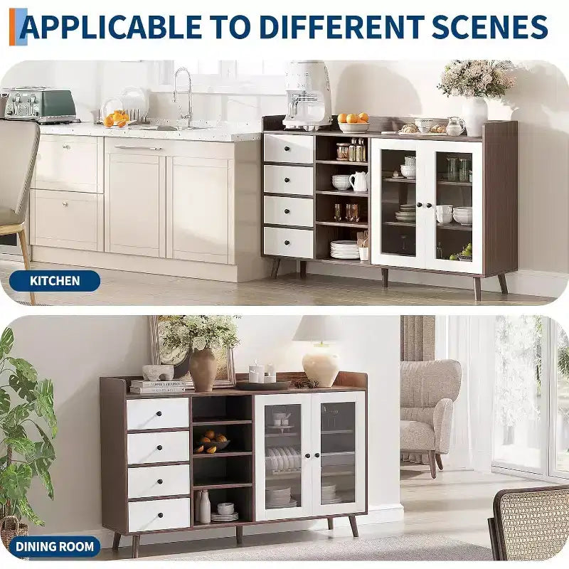 Buffet moderne du milieu du siècle de 55" avec portes vitrées, 4 tiroirs et étagères réglables