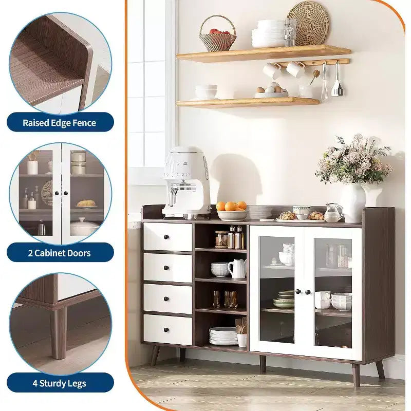 Buffet moderne du milieu du siècle de 55" avec portes vitrées, 4 tiroirs et étagères réglables