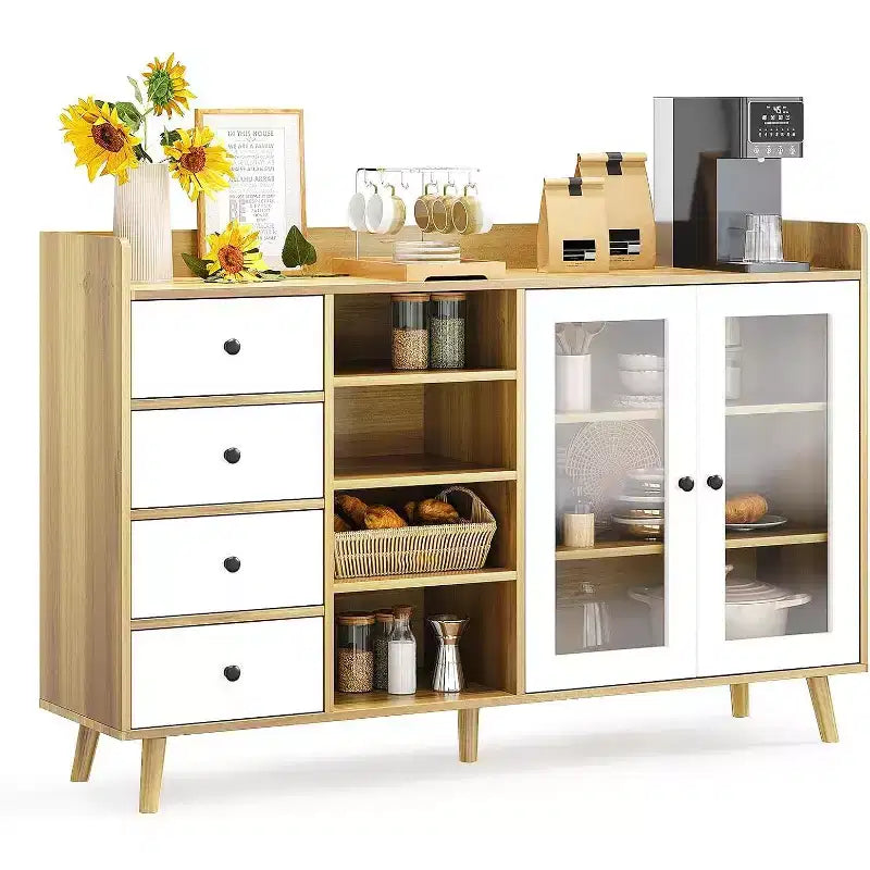 Buffet moderne du milieu du siècle de 55" avec portes vitrées, 4 tiroirs et étagères réglables