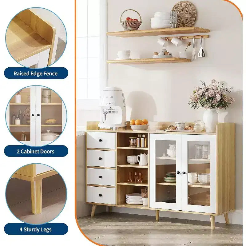Buffet moderne du milieu du siècle de 55" avec portes vitrées, 4 tiroirs et étagères réglables