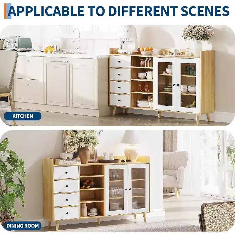 Buffet moderne du milieu du siècle de 55" avec portes vitrées, 4 tiroirs et étagères réglables