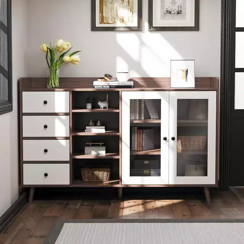 Buffet moderne du milieu du siècle de 55" avec portes vitrées, 4 tiroirs et étagères réglables