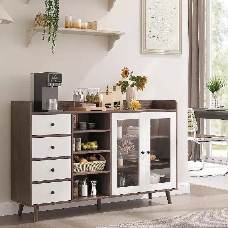 Buffet moderne du milieu du siècle de 55" avec portes vitrées, 4 tiroirs et étagères réglables