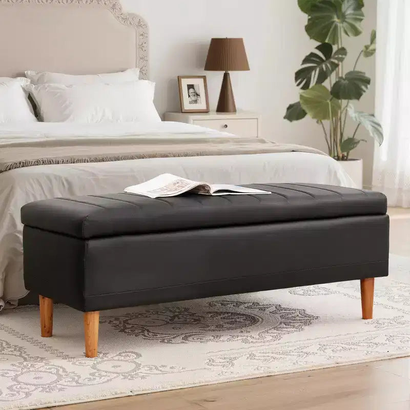 VECELO Modern Soft PU Leather Storage Bench, Ottoman 44 Shoestool with 6.1 Deep Storage Space for Living Room or Bedroom, Easy to Clean, Black