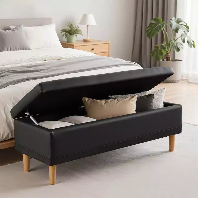 Banc ottoman de rangement en cuir PU 44 po avec compartiment caché et étagère à chaussures, noir, 330 lb
