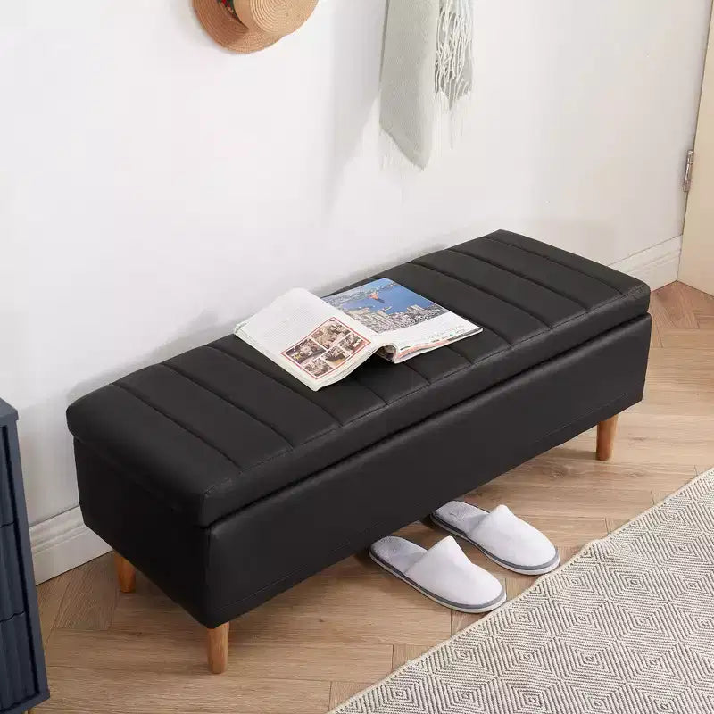 Banc ottoman de rangement en cuir PU 44 po avec compartiment caché et étagère à chaussures, noir, 330 lb