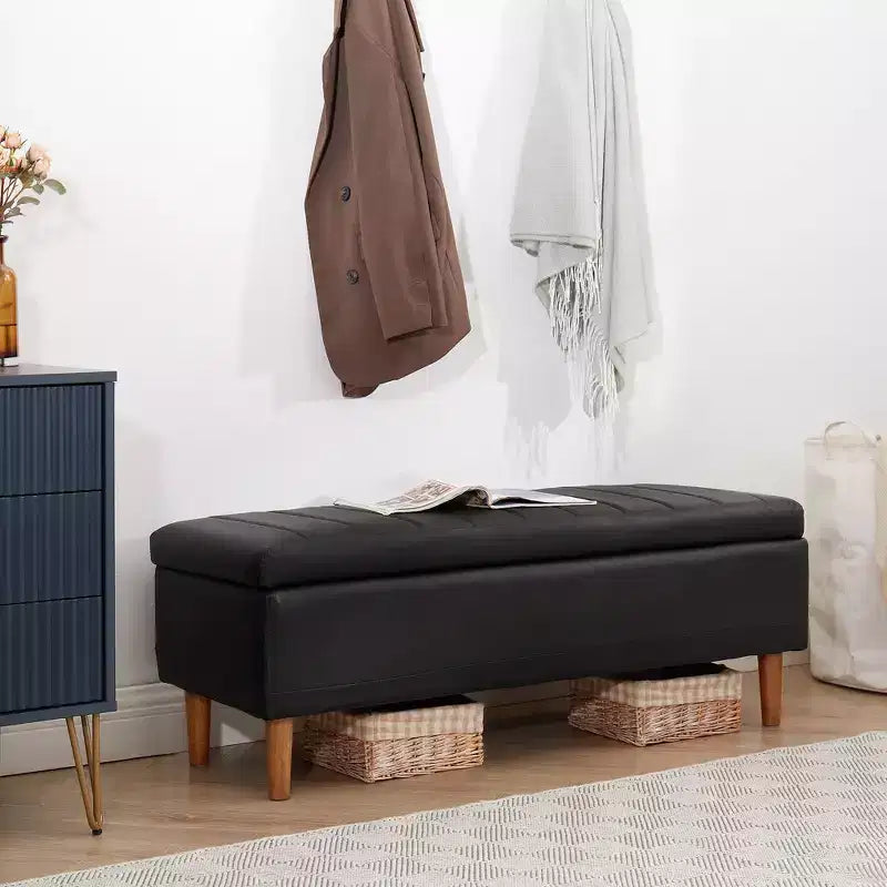 Banc ottoman de rangement en cuir PU 44 po avec compartiment caché et étagère à chaussures, noir, 330 lb
