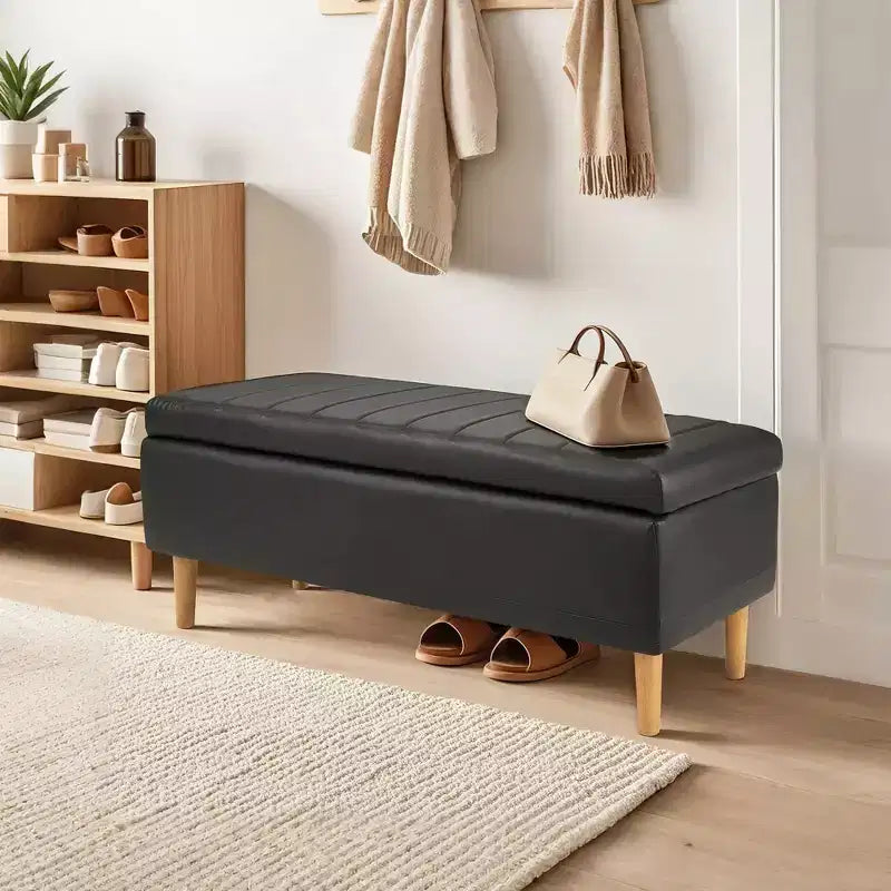 Banc ottoman de rangement en cuir PU 44 po avec compartiment caché et étagère à chaussures, noir, 330 lb