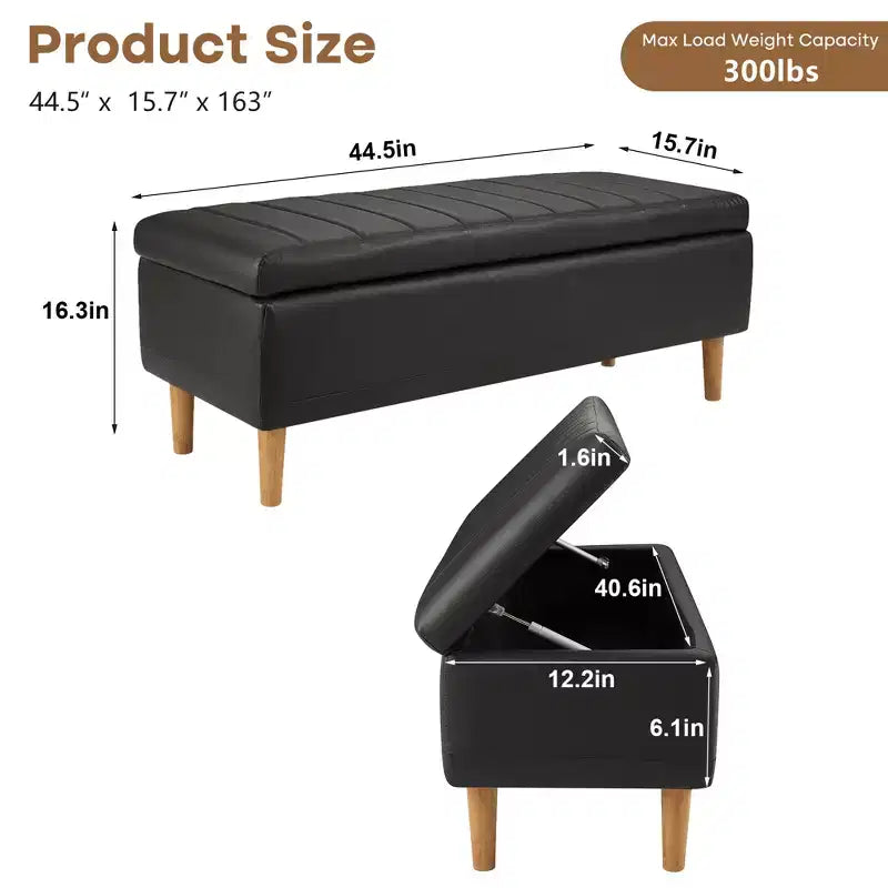 Banc ottoman de rangement en cuir PU 44 po avec compartiment caché et étagère à chaussures, noir, 330 lb