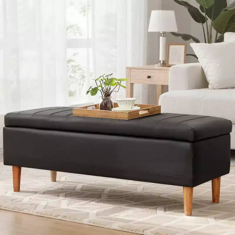 Banc ottoman de rangement en cuir PU 44 po avec compartiment caché et étagère à chaussures, noir, 330 lb