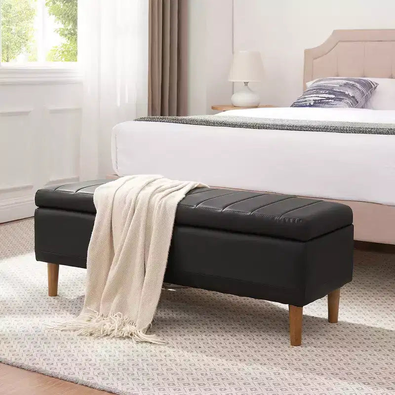 Banc ottoman de rangement en cuir PU 44 po avec compartiment caché et étagère à chaussures, noir, 330 lb
