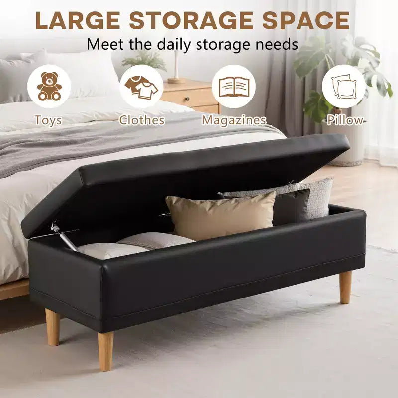 Banc ottoman de rangement en cuir PU 44 po avec compartiment caché et étagère à chaussures, noir, 330 lb