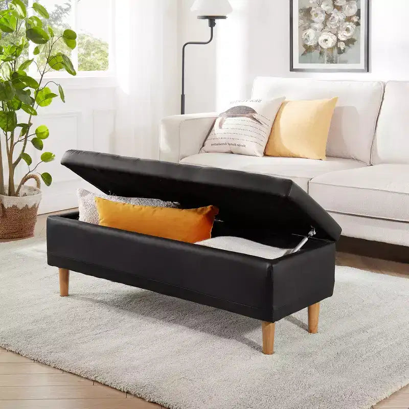 Banc ottoman de rangement en cuir PU 44 po avec compartiment caché et étagère à chaussures, noir, 330 lb