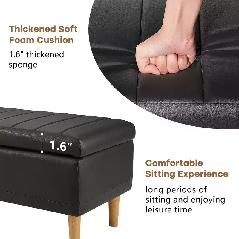 Banc ottoman de rangement en cuir PU 44 po avec compartiment caché et étagère à chaussures, noir, 330 lb