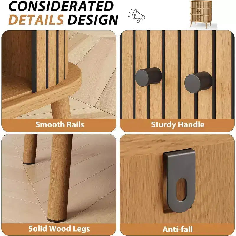 Commode 3 tiroirs en rotin du milieu du siècle, meuble de rangement naturel avec poignées noires et pieds en bois fuselés