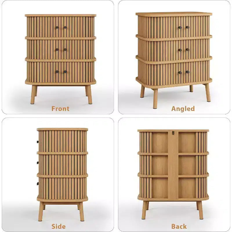 Commode 3 tiroirs en rotin du milieu du siècle, meuble de rangement naturel avec poignées noires et pieds en bois fuselés