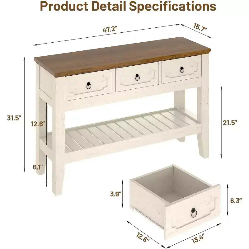 Console de Ferme 47" avec 3 Tiroirs et Étagère Ouverte, Blanc Rustique