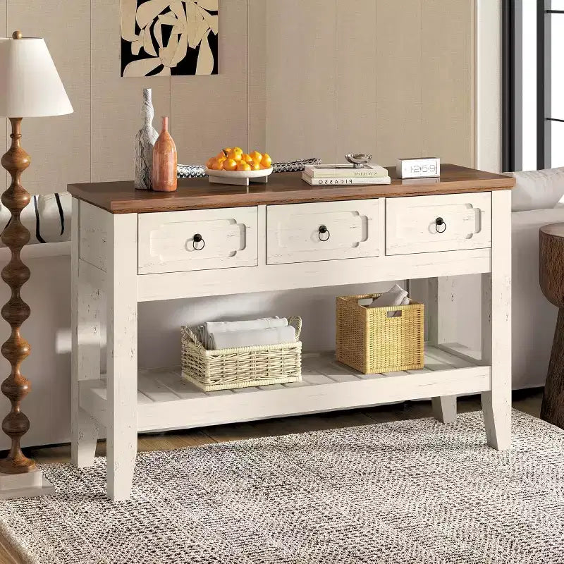 Console de Ferme 47" avec 3 Tiroirs et Étagère Ouverte, Blanc Rustique
