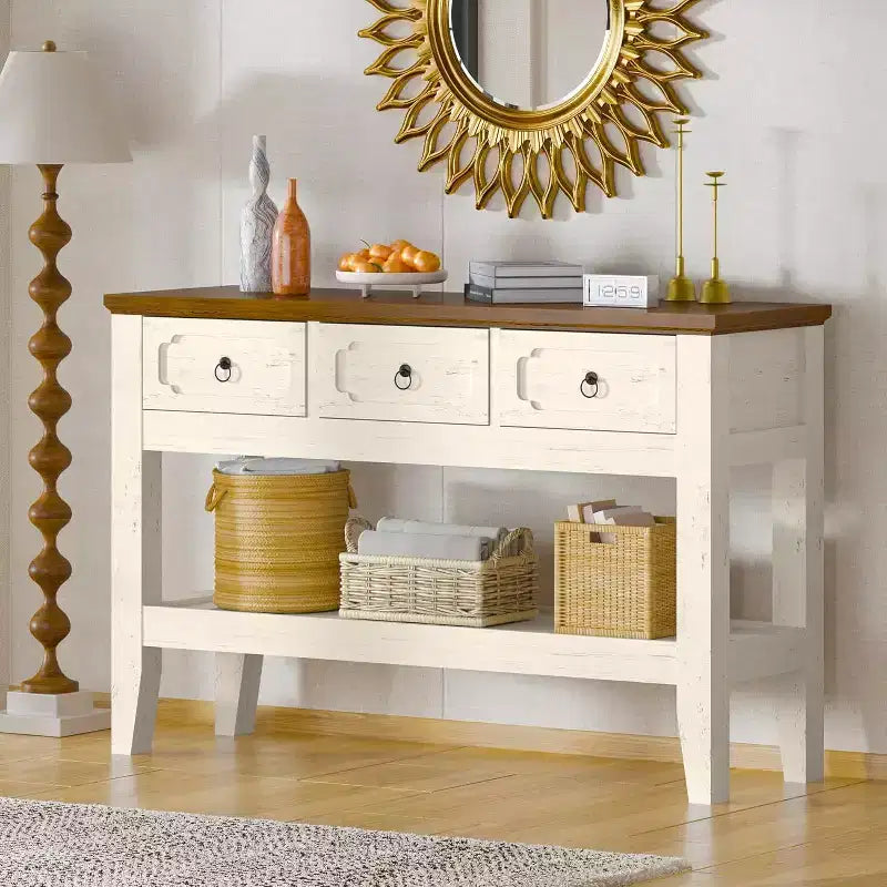 Console de Ferme 47" avec 3 Tiroirs et Étagère Ouverte, Blanc Rustique