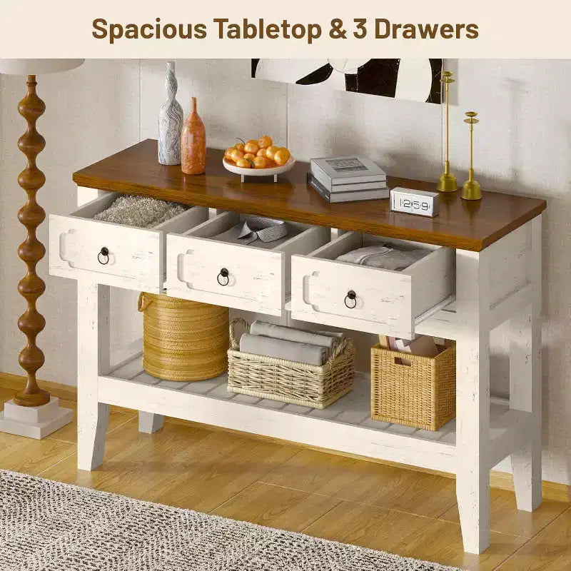 Console de Ferme 47" avec 3 Tiroirs et Étagère Ouverte, Blanc Rustique