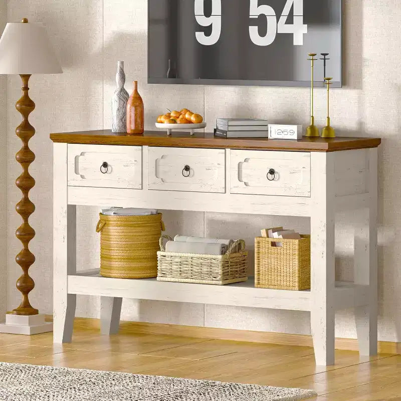 Console de Ferme 47" avec 3 Tiroirs et Étagère Ouverte, Blanc Rustique