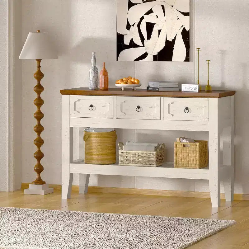 Console de Ferme 47" avec 3 Tiroirs et Étagère Ouverte, Blanc Rustique
