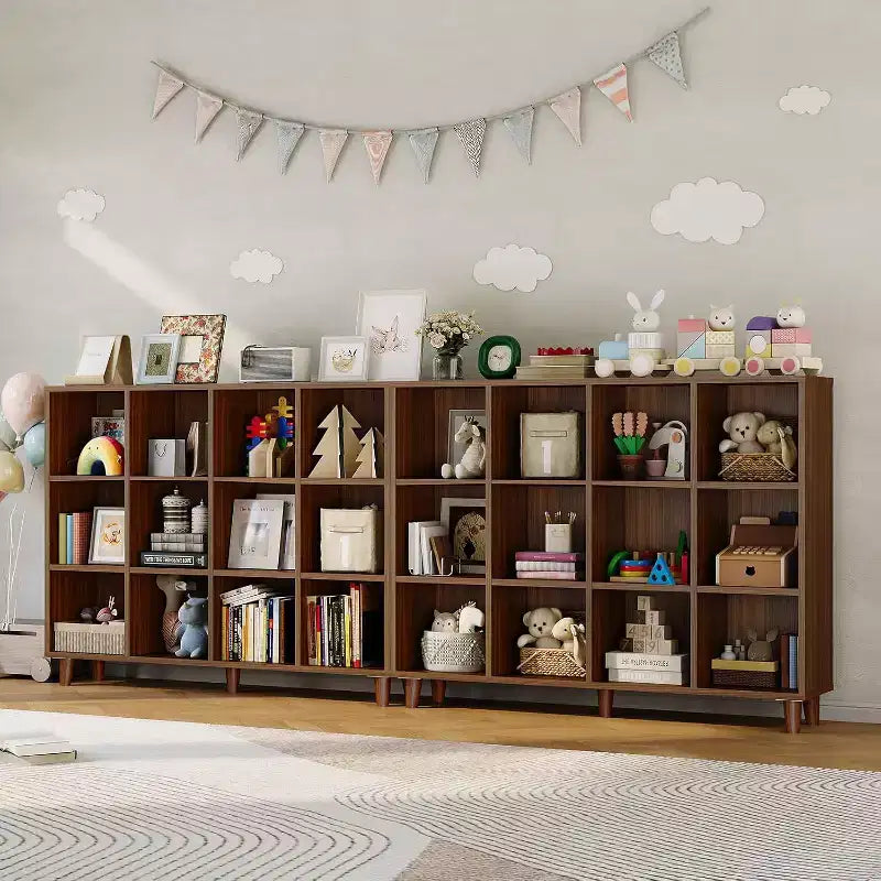 Bibliothèque ouverte sur pieds en forme de cube avec base et kit anti-basculement, étagère de présentation moderne