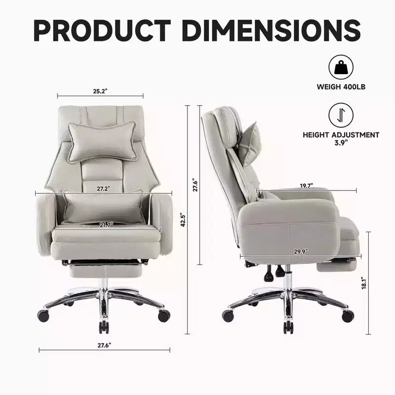 Fauteuil de bureau inclinable ergonomique pivotant à 360° avec repose-pieds, appuie-tête et oreiller lombaire, 180 kg