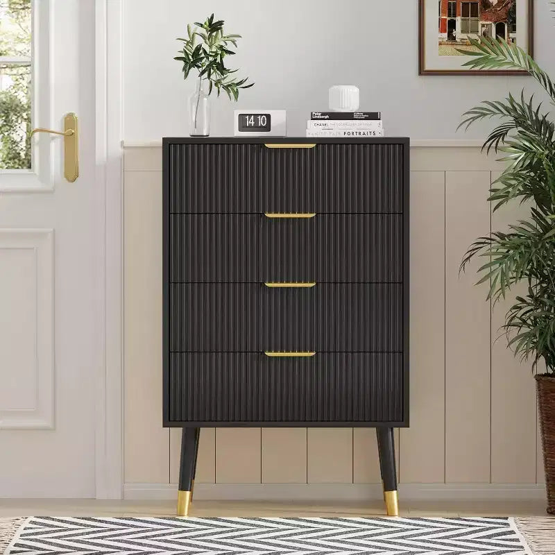 Commode 4 tiroirs cannelée avec poignées dorées et pieds en métal, commode de chambre moderne, Noir/Blanc