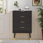 Commode 4 tiroirs cannelée avec poignées dorées et pieds en métal, commode de chambre moderne, Noir/Blanc
