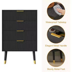 Commode 4 tiroirs cannelée avec poignées dorées et pieds en métal, commode de chambre moderne, Noir/Blanc