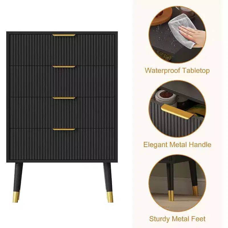 Commode 4 tiroirs cannelée avec poignées dorées et pieds en métal, commode de chambre moderne, Noir/Blanc