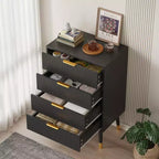 Commode 4 tiroirs cannelée avec poignées dorées et pieds en métal, commode de chambre moderne, Noir/Blanc