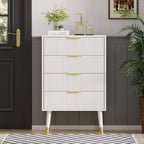 Commode 4 tiroirs cannelée avec poignées dorées et pieds en métal, commode de chambre moderne, Noir/Blanc