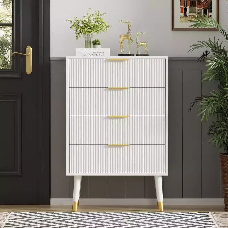 Commode 4 tiroirs cannelée avec poignées dorées et pieds en métal, commode de chambre moderne, Noir/Blanc