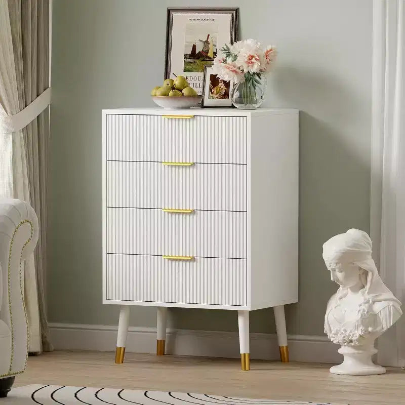 Commode 4 tiroirs cannelée avec poignées dorées et pieds en métal, commode de chambre moderne, Noir/Blanc