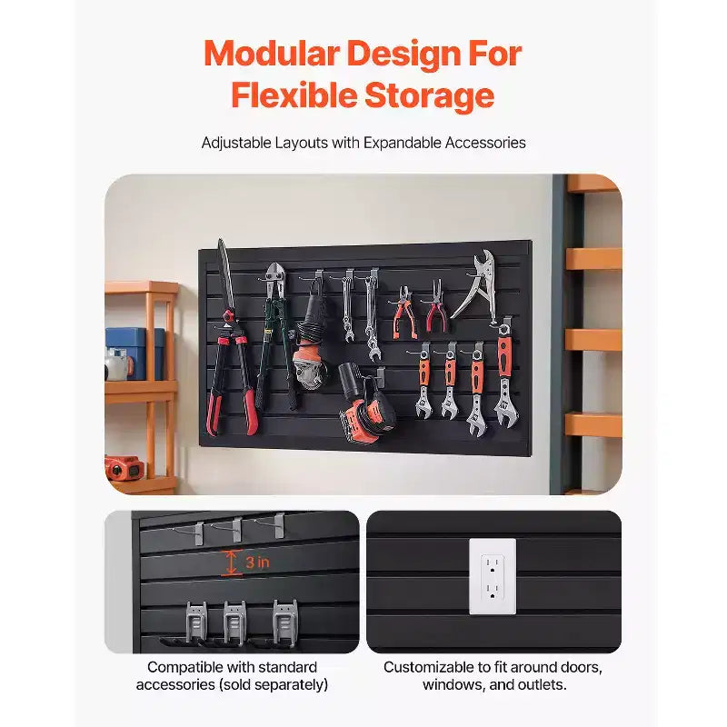 Panneau de lattes en PVC pour garage, 60x120 cm, organisateur mural modulaire et ajustable, noir, 136 kg