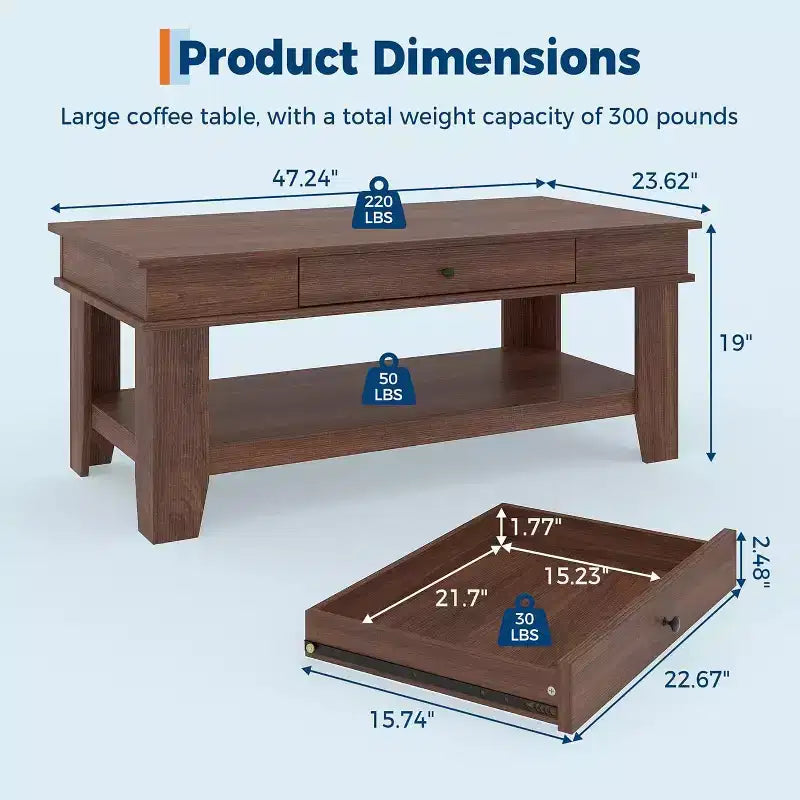 Table basse rectangulaire rustique avec tiroir coulissant et étagère ouverte, style ferme