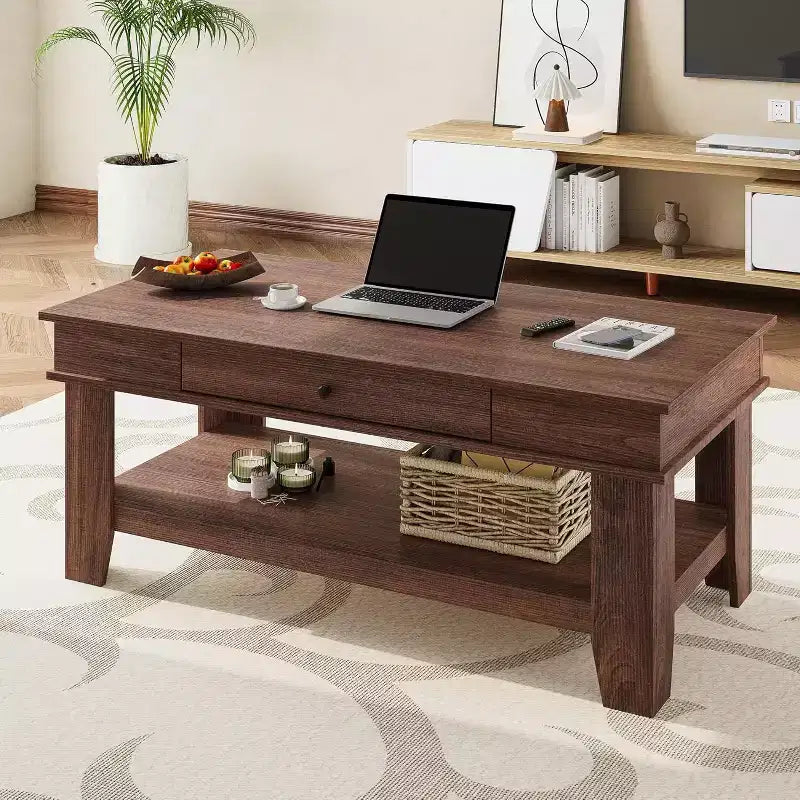 Table basse rectangulaire rustique avec tiroir coulissant et étagère ouverte, style ferme