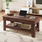 Table basse rectangulaire rustique avec tiroir coulissant et étagère ouverte, style ferme