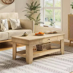 Table basse rectangulaire rustique avec tiroir coulissant et étagère ouverte, style ferme