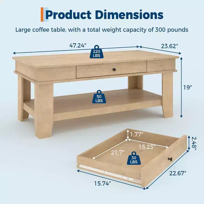 Table basse rectangulaire rustique avec tiroir coulissant et étagère ouverte, style ferme