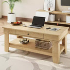 Table basse rectangulaire rustique avec tiroir coulissant et étagère ouverte, style ferme