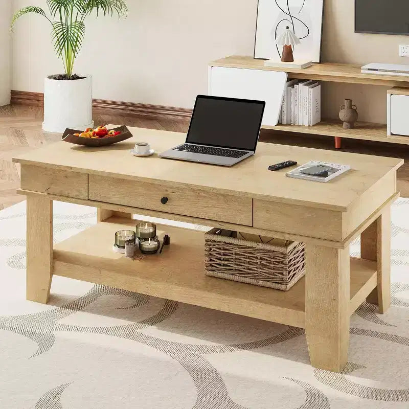 Table basse rectangulaire rustique avec tiroir coulissant et étagère ouverte, style ferme